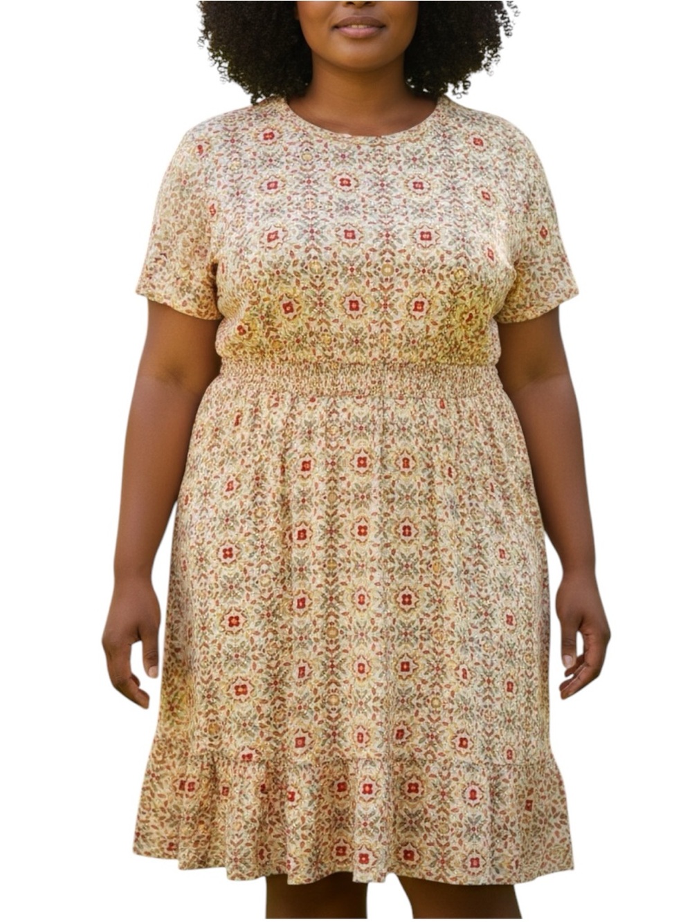 New NWT Croft & Barrow Elastic Waist Beige Floral Cottage Dress $50 Retail Tag